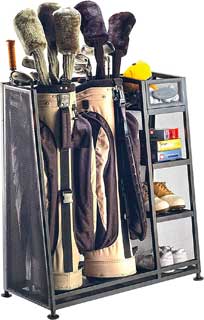 Suncast Golf Bag Organizer Rack with Shelves for Shoes, Balls and Other Golfing Gear 