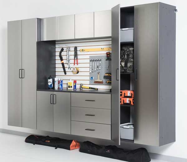 Garage Storage Set with Wall-Hanging Cabinets, Self-Closing Drawers, Worktop