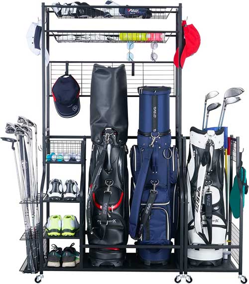 Golf Bag Storage Organizer for Multiple Bags, Clubs, Shoes, Balls, Hats, Tees and Other Golfing Accessories