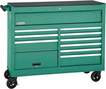 Green Grizzly Rolling Tool Chest with 11 Locking Drawers and Bulk Storage Compartment