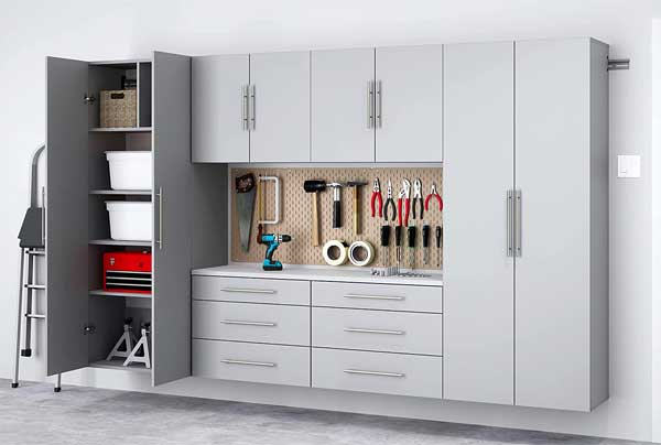 Wall-Hanging Cabinet System for Garage with Tall Cabinets, Drawers, Pegboard and Workbench