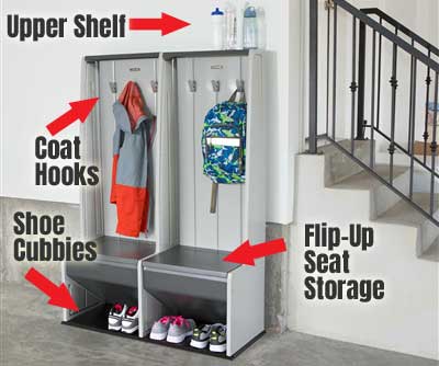 Garage Storage Lockers in Heavy Duty Plastic Resin, with Shoe Cubbies, Flip-Up Seat, Coat Hooks and Storage Shelf