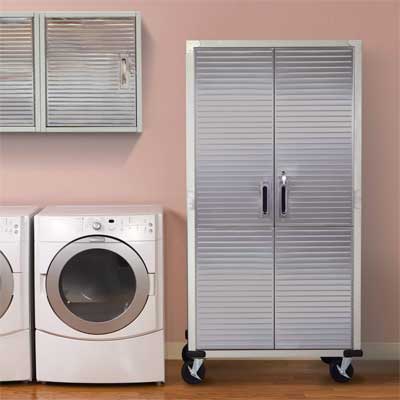 Mobile Tall Metal Cabinet on Casters Provides Additional Storage and Shelving in Laundry Room