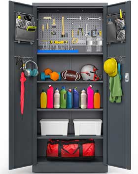 Tall Garage Cabinet with Door and Side Organizer Accessories, Hooks, Removable Pegboard