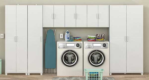 White Wood Laundry Cabinet Set with Tall and Upper Wall Storage Around Washer and Dryer